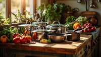 eco-friendly cookware on wooden counter with fresh vegetables in sunlit kitchen scene