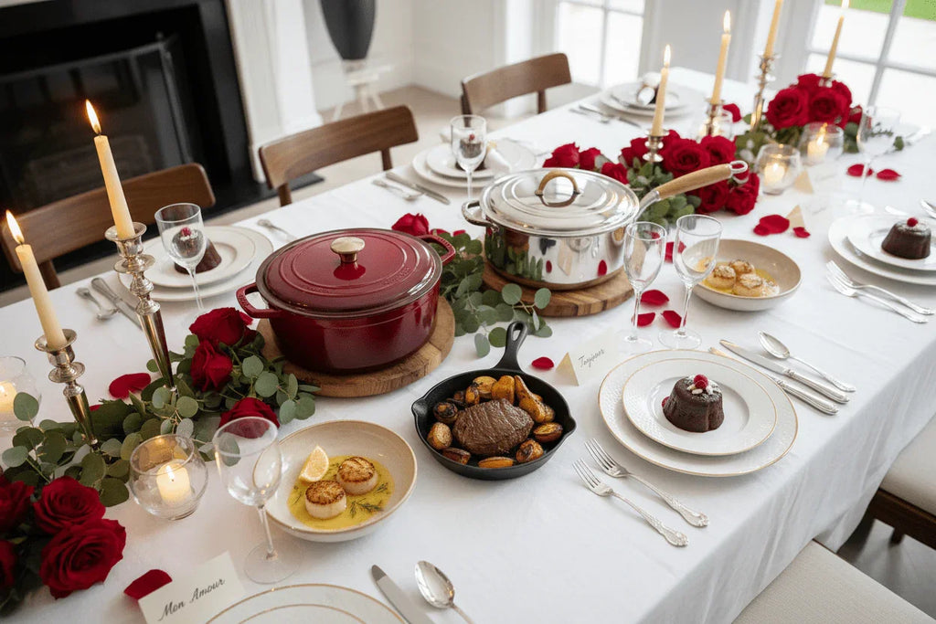 Saint-Valentin 2026 : Menu Romantique Fonte & Inox (3 Plats + Déco Table)