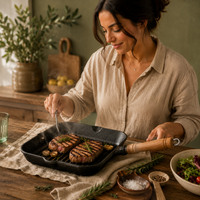 Poêle Grill Fonte Carrée 24cm - Rainures Profondes Sans Revêtement Chimique