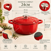 Cocotte Fonte Émaillée Ronde 24cm - Format Compact Duo - Purcook