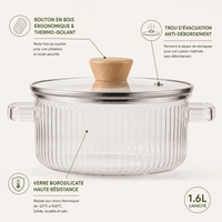 Marmite en Verre Borosilicate et bois- Cuisson Saine - Purcook