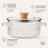 Marmite en Verre Borosilicate et bois- Cuisson Saine - Purcook