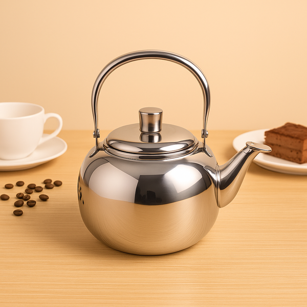 Théière en inox avec filtre infuseur.