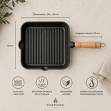 Poêle Grill Fonte Carrée 24cm - Rainures Profondes Sans Revêtement Chimique - Purcook