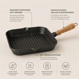 Poêle Grill Fonte Carrée 24cm - Rainures Profondes Sans Revêtement Chimique - Purcook