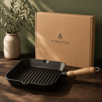Poêle Grill Fonte Carrée 24cm - Rainures Profondes Sans Revêtement Chimique - Purcook