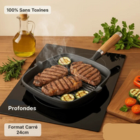 Poêle Grill Fonte Carrée 24cm avec steaks grillés - Purcook