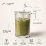 Tasse Verre Rayé 600ml - Grand Mug Smoothie avec/sans Couvercle - Purcook