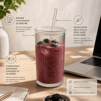 Tasse Verre Rayé 600ml - Grand Mug Smoothie avec/sans Couvercle - Purcook