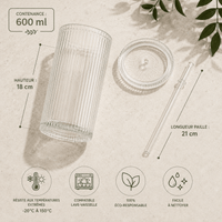 Tasse Verre Rayé 600ml - Grand Mug Smoothie avec/sans Couvercle - Purcook