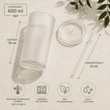 Tasse Verre Rayé 600ml - Grand Mug Smoothie avec/sans Couvercle - Purcook