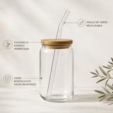 Verre en Verre Couvercle Bambou & Paille 350ml/550ml - Éco-Friendly Sans Plastique - Purcook