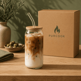 Verre en Verre Couvercle Bambou & Paille 350ml/550ml - Éco-Friendly Sans Plastique - Purcook